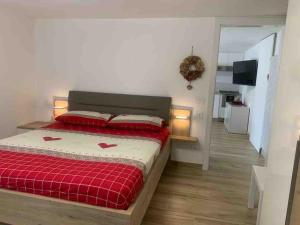 1 dormitorio con 1 cama con manta roja en Pinzolo, grazioso appartamento, wellness a 100 metri, en Pinzolo
