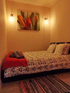 a bed in a bedroom with a painting on the wall at Ropienka Ski in Ropienka +51 photos