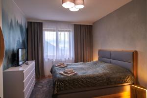 1 dormitorio con 1 cama con tocador y TV en Donnovall Apartment, en Donovaly