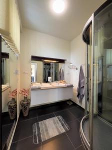 ein Badezimmer mit zwei Waschbecken und einem großen Spiegel in der Unterkunft Hévíz,Dr Strecker Villa in Hévíz