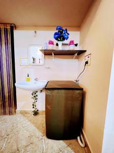 a bathroom with a sink and a mirror at Peaceful villa amidst greenery within the city. in Manipala