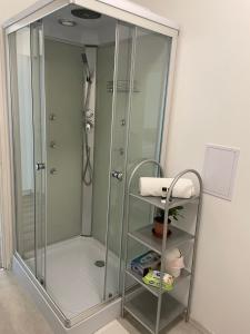 eine Dusche mit Glastür im Bad in der Unterkunft AA Apartman in Kaposvár