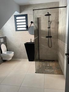 bagno con doccia e servizi igienici. di Arbre à pain a Bras-Panon