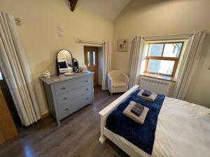 a bedroom with a bed and a dresser and a mirror at Charming Countryside Cottage in Ivybridge