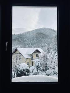 okno z widokiem na dom pokryty śniegiem w obiekcie Dom pod lasem w Bielsku Białej