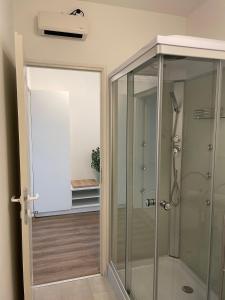 a shower in a bathroom with a glass door at AA Apartman - Kaposvár in Kaposvár +35 photos