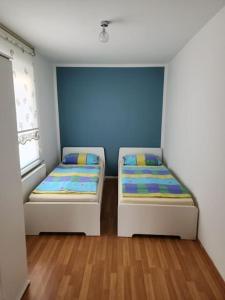 two beds in a room with blue walls and wooden floors at Wohnung in Dortmund in Dortmund