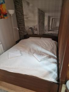 a bed with white sheets and a painting on the wall at Studio Jolly Kop Jana 2 in Kopaonik