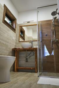 uma casa de banho com um chuveiro, um lavatório e um WC. em Cabana Rose House em Borşa