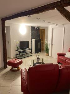 uma sala de estar com um sofá vermelho e uma televisão em Bel Appartement modernisé avec terrasse. em Villar-Saint-Pancrace