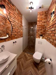 a bathroom with a brick wall and a toilet and a shower at Brick Castle - Apartament Helga in Wrocław