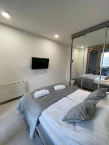 Iskra في Karaburma: غرفة نوم مع سرير كبير وتلفزيون على الحائط