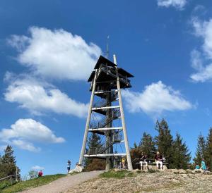 uma torre no topo de uma colina com duas pessoas sentadas em H&P Touristik Residenz Grafenmatt GRA-1-1 em Feldberg