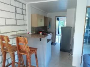 a kitchen with two chairs and a counter and a refrigerator at Villa Jana, Bantayan, Santa Fe in Bantayan Island