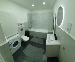 a bathroom with a toilet sink and a washing machine at CS14 Gold Apartment in Budapest