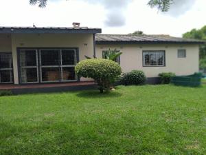 a house with a bush in front of a yard at Reed Mat Lodge, Furnished Stand-alone 4 bedroomed house in Lusaka