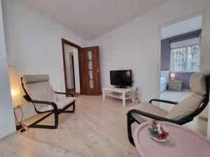 Bastion Apartment في تيميشوارا: غرفة معيشة مع كرسيين وتلفزيون
