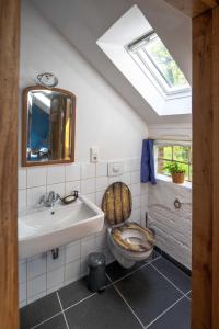 a bathroom with a toilet and a sink and a mirror at Gästezimmer im Engelshof, 61224 in Moormerland