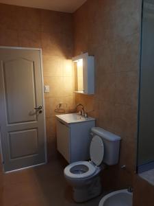 ein Bad mit einem WC, einem Waschbecken und einer Tür in der Unterkunft La Cañada in Juana Koslay 