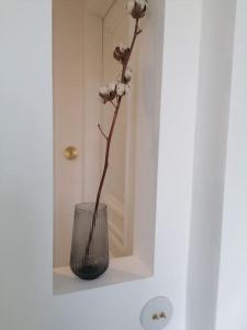 een vaas met een bloem erin op een plank bij Appartement Fernand Namur in Namen