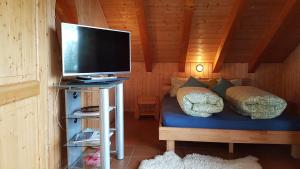 una stanza con una tv e un letto con cuscini di Schwendihof a Flumserberg