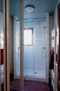 uma casa de banho com um chuveiro e uma porta de vidro em KASA JURA - Au coeur des monts em Saint-Claude