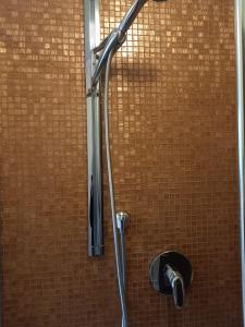 eine Dusche im Bad mit Ziegelwand in der Unterkunft Presolana Home in Castione della Presolana