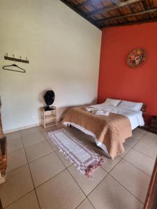 a bedroom with a bed and a red wall at Pousada Mirante Serra Verde in Carrancas