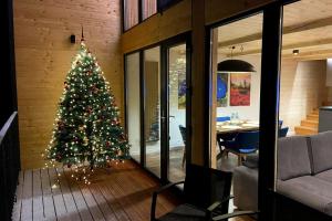 a christmas tree in the living room of a house at Villa Alpiyka in Slavske