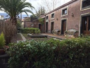 un patio de un edificio antiguo con una palmera y bancos en Fermata Spuligni - Turismo Rurale, en Zafferana Etnea