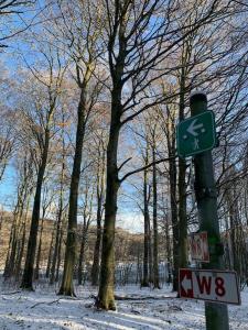 a sign on a pole in a snow covered forest at Landhaus „Blattgold“ in Lohme