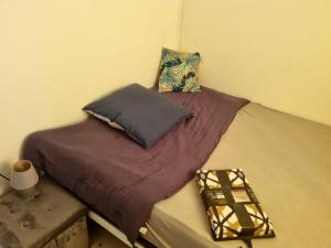 un letto con due cuscini sopra di Maison charmante au Robert avec jardin et tennis à proximité a Le Robert
