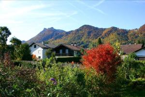 uma vista para uma casa com montanhas ao fundo em Ferienwohnung Neelsen em Aschau im Chiemgau
