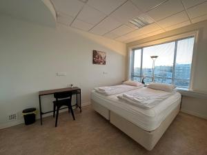 een slaapkamer met een bed, een bureau en een raam bij Baron's Hostel in Reykjavík