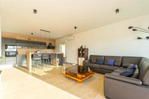 a living room with a couch and a table at Villa Danijela, brand new villa with private pool in Stara Novalja