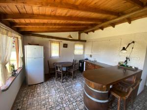 a kitchen with a refrigerator and a table in it at Evergreen in Mar del Plata