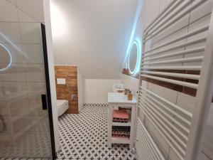 a small bathroom with a sink and a toilet at Apartmán Konírna in Harrachov +13 photos