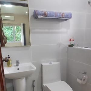 een badkamer met een toilet, een wastafel en een spiegel bij Villa Estela guesthouse in Bacong