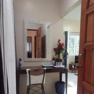 een badkamer met een wastafel met een spiegel en een stoel bij Villa Estela guesthouse in Bacong