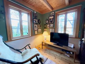 uma sala de estar com uma cadeira e uma televisão em Cabin with charm in Lofoten em Valberg