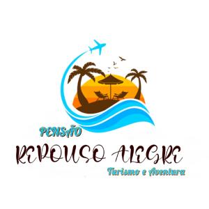 un logo pour un complexe avec une plage, des palmiers et un avion dans l'établissement Pensão Repouso Alegre Turismo e Aventura, à Portela