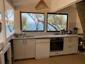 a kitchen with a sink and two large windows at Résidence Les Mandiles in Cargèse