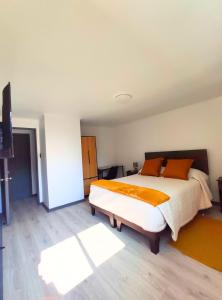 a bedroom with a large bed and a flat screen tv at Moderna Cabaña con tinaja caliente in Pirque