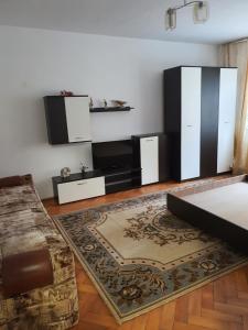 ein Wohnzimmer mit einem Bett und einem Teppich in der Unterkunft RazDav Straja Central in Lupeni