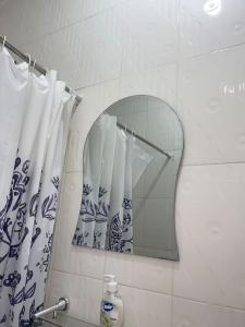 a bathroom with a mirror and a shower curtain at The Royal Guest House in Tokuse