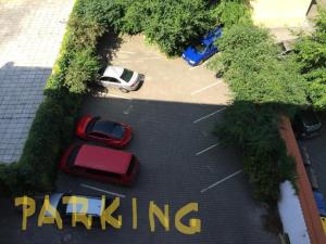 布拉格的住宿－Charles Square Hostel，两辆汽车停在一个树木茂密的停车场