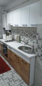 eine Küche mit einem Waschbecken und weißen Schränken in der Unterkunft MamaiaApart in Lupeni