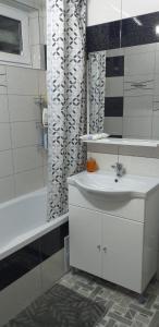 a bathroom with a sink and a shower curtain at MamaiaApart in Lupeni