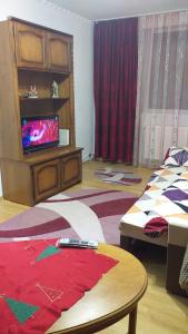 Zimmer mit einem Bett, einem TV und einem Tisch in der Unterkunft MamaiaApart in Lupeni