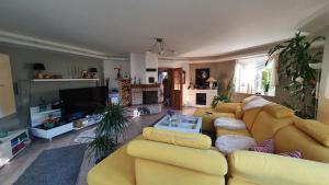 a living room with yellow couches and a tv at Haus Krone in Teterow